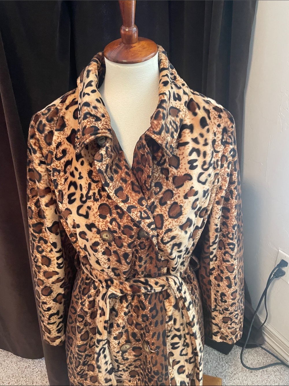 VENUS Leopard Print Belted Faux Fur Pea Coat - Brown - Picture 2 of 5
